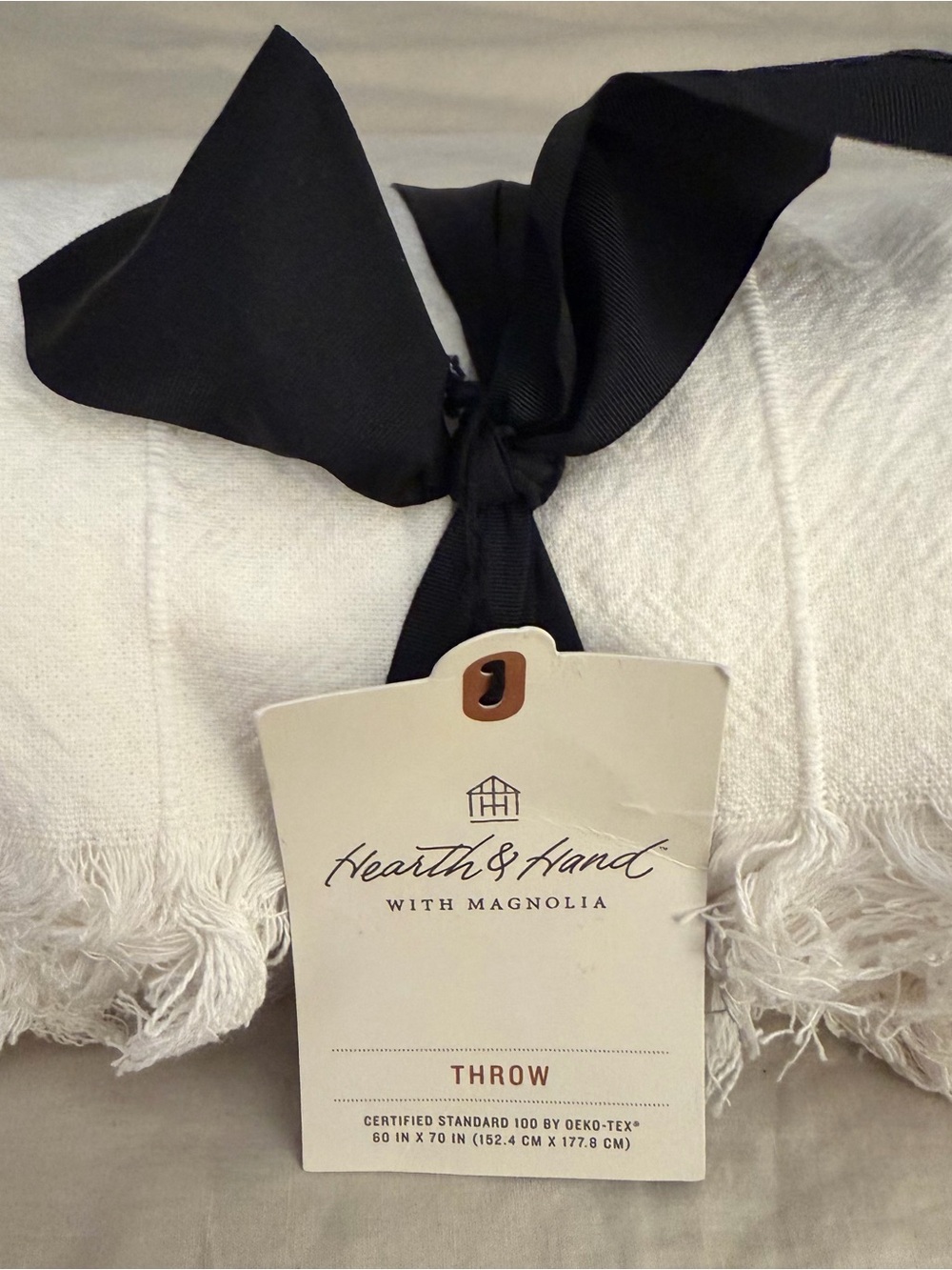 Hearth & Hand Cream Fringe Throw with Black Ribbon